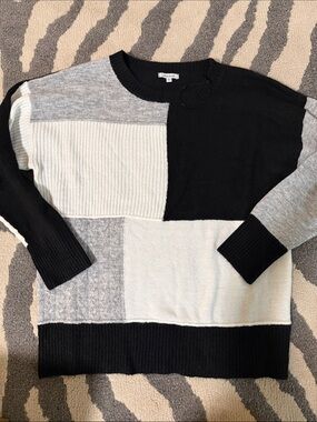 white birch Black, Light Gray & White Patchwork Crewneck Sweater oversized
